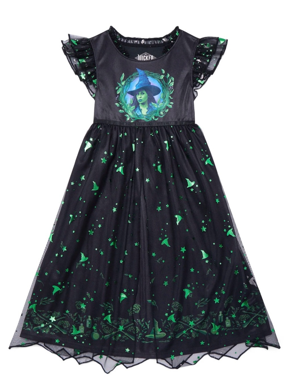 NWT Wicked Elphaba Witch Girls Satinet Tulle Black & Green Nightgown; Sz: 6/6X